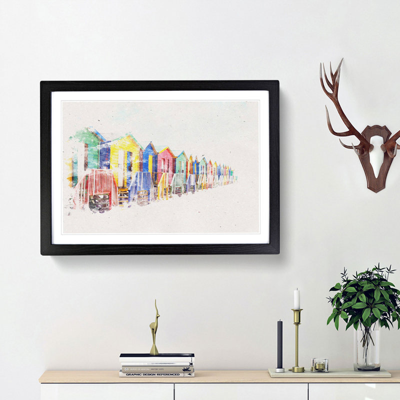 Beach Huts in Cape Town Watercolour - Picture Frame Graphic Art Print, Black Framed, 62cm H x 87cm W x 2cm D