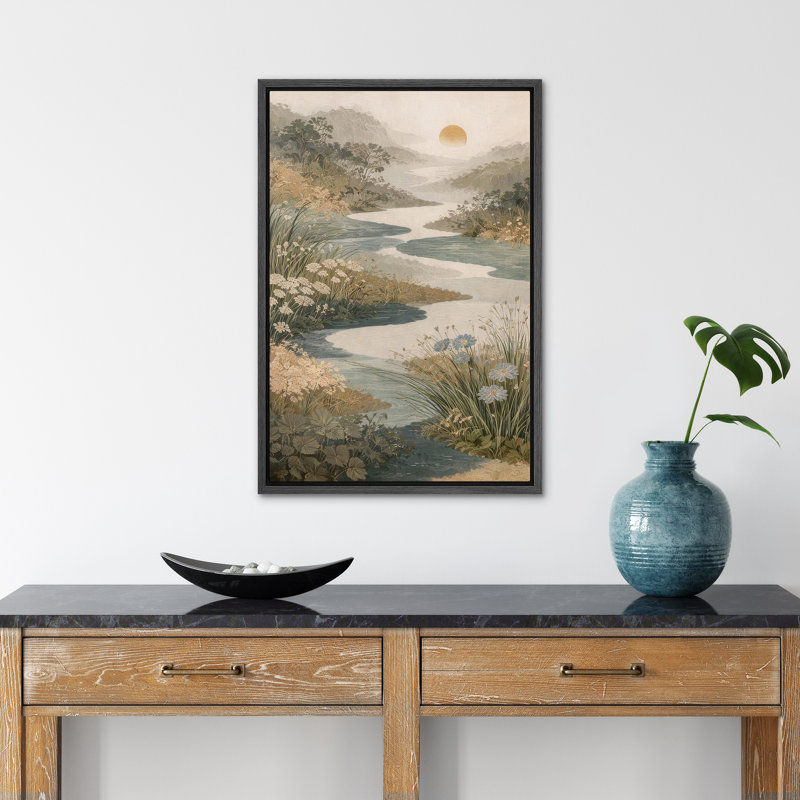 Golden Meadow River Valley avec fleurs sauvages et soleil couchant, impression sur toile, H 36 po x l 24 po, Noir
