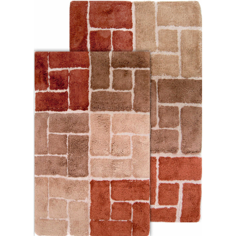 Adobe and Tan Cotton Blend Geometric Bath Rug Set