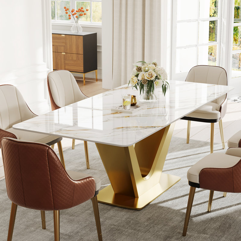 Table de salle à manger rectangulaire de 71 po pour 6 personnes, table de cuisine de luxe avec plateau en pierre frittée brillante Randahl