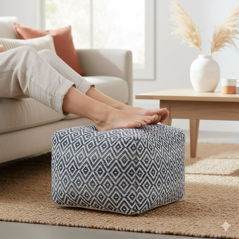 Flintridge Upholstered Pouf, Blue/Black
