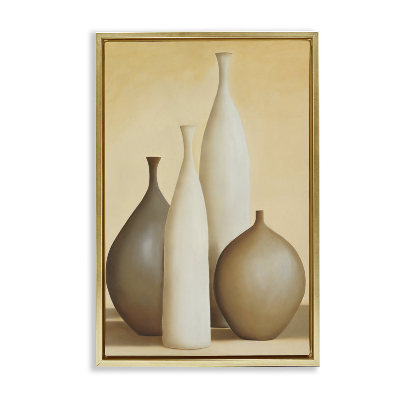 Toile flottante «Neutral Pottery Bottles» par Arlene Stevens, Cadre flottant métallique doré, H 31 po x l 21 po