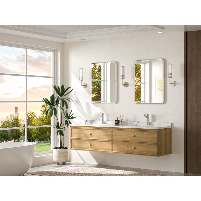 Beveled Bathroom Vanity Mirror with Aluminum Frame, Wall Accent Mirror, Tempered Glass, 32" x 24", Brushed Nickel