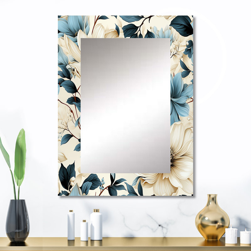 Dingyue Sandy beige et bleu Hortensia tranquillité - miroir mural floral unique, miroir floral, impression d'art en métal