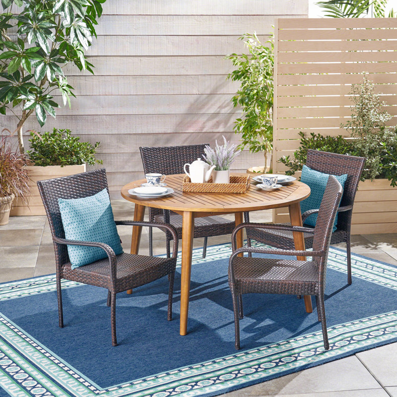Lecuyer 4 - Person Acacia Wicker Patio Dining Set with Round Table, Teak/Brown