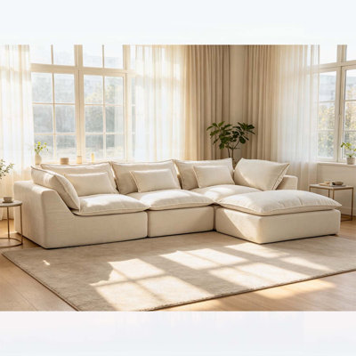 102.3 Inch Wide Cloud Couch Modular Sectional Sofa with Deep Seating and Ottoman, Waffle Fabric for Ultimate Comfort