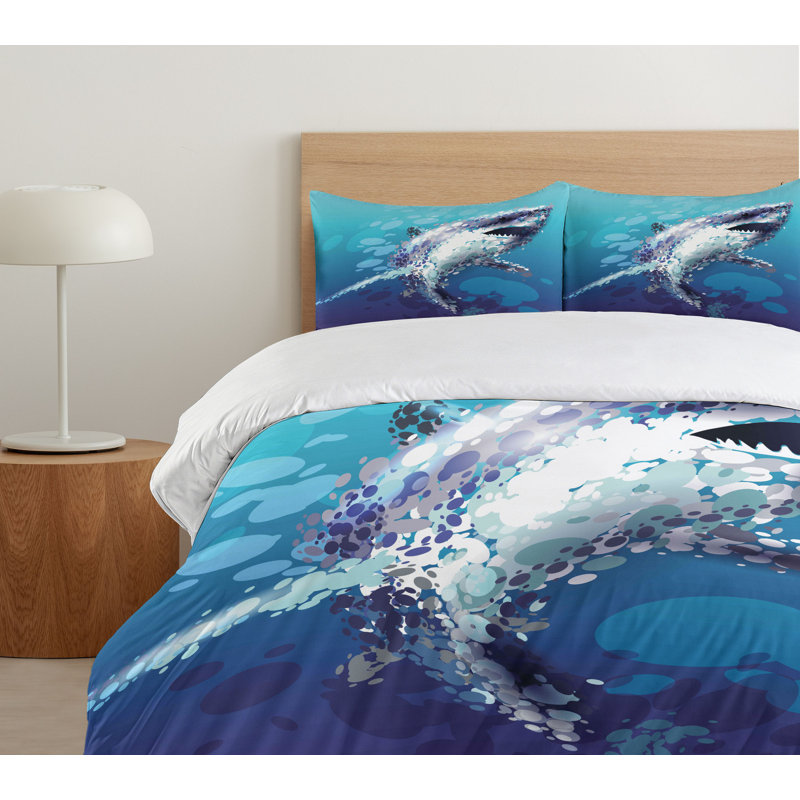 Twin Blue and White Shark Microfiber Duvet Cover Set
