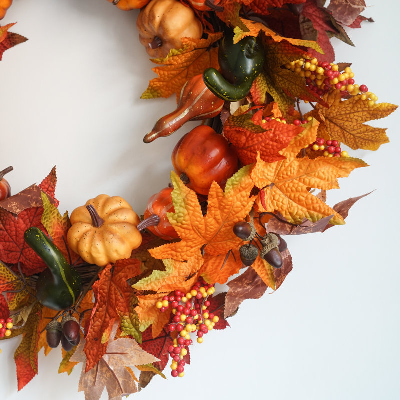 Couronnes artificielles de 56 cm (22 pouces), couronne d'automne avec citrouille et feuilles d'érable, décorations de fête pour l'intérieur et l'extérieur