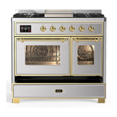 Cuisinière à double combustible 40 pouces avec 6 brûleurs scellés et plaque chauffante en acier inoxydable Majestic III Series (gaz naturel, garniture en laiton)