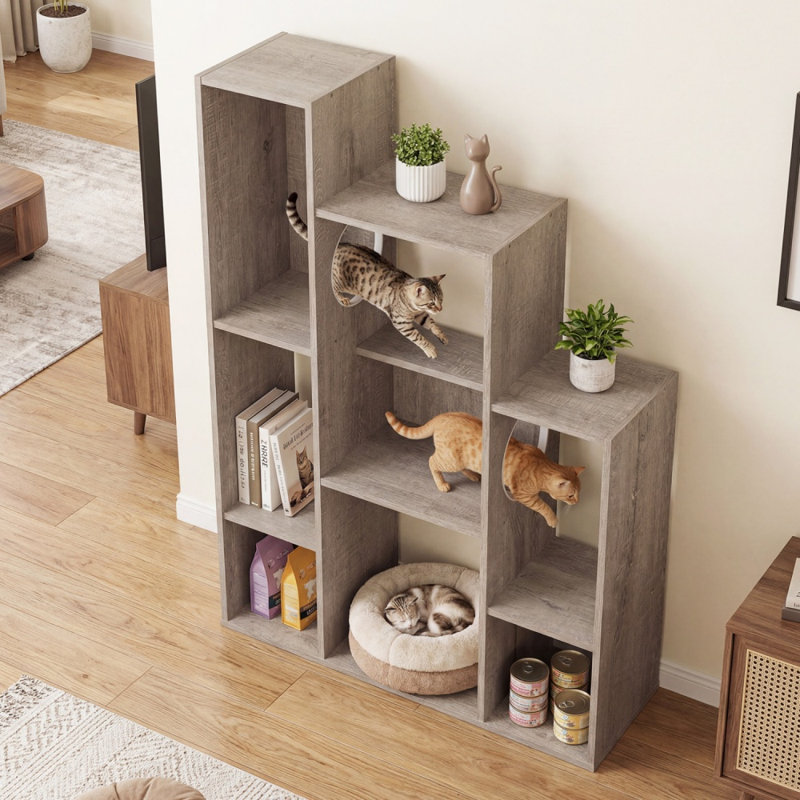 Étagère à chat autoportante de 80 cm (31,5 po) avec 8 compartiments de rangement et 2 trous, grise, Grey