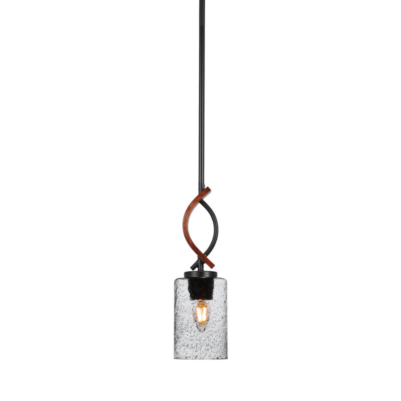 Mini-luminaire suspendu avec tige en verre fumé 4 po, Noir mat / métal peint aspect bois