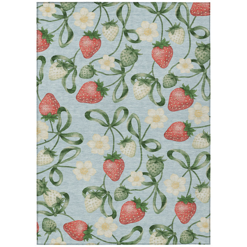 Machine Washable Indoor/Outdoor Chantille ACN2864 Flowers and Strawberries Rug, Sky, 9' x 12'