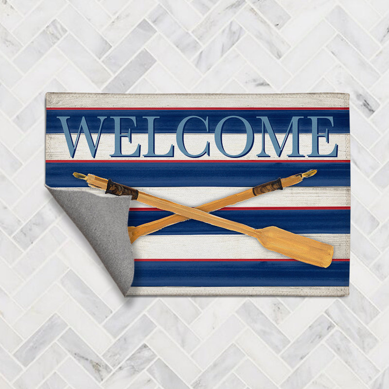 Tapis rayé bleu / blanc / jaune Welcome Oars, Rectangle 2 pi x 3 pi