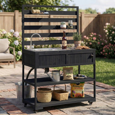  Banc de rempotage de jardin 41,7 po avec évier, table de rempotage extérieure, ouvre-bouteille, tablettes de rangement, rehausse, noir