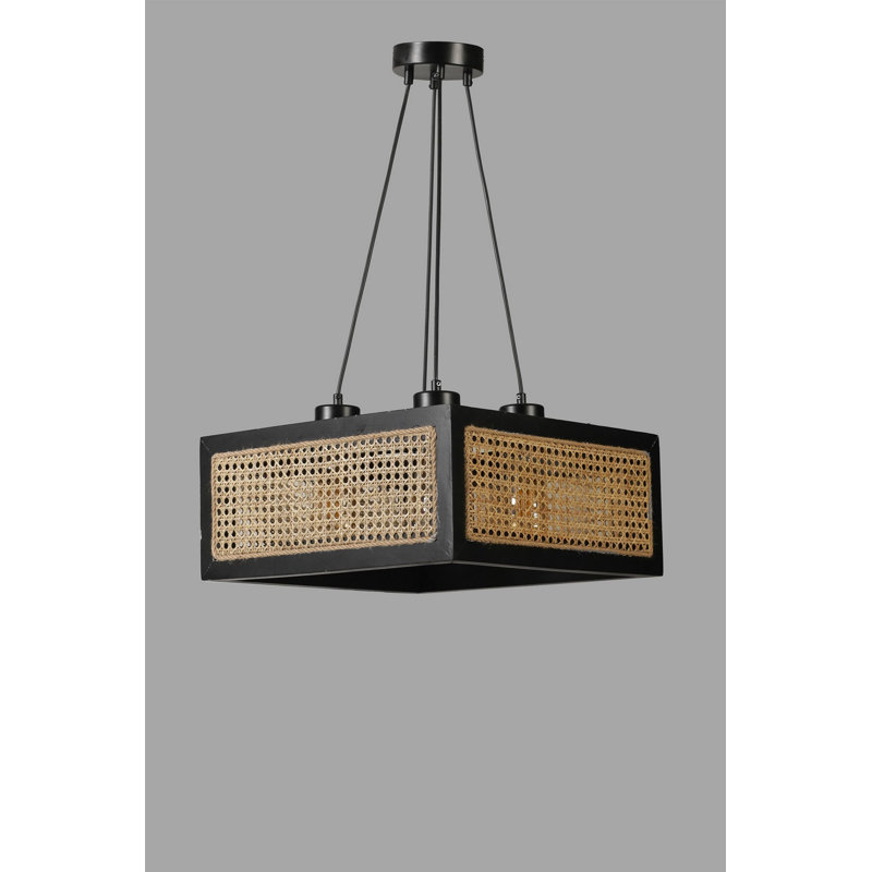 Elegant Chandelier with FIR Wood Body & Natural Rattan Cap, Adjustable Height 27.6 inches | Cap Diameter: 16.1 x 16.1 inches | E 27 Socket, Max 40 W | Stylish Black & Rattan Design for Modern Living Spaces, Durable & Eye-Catching