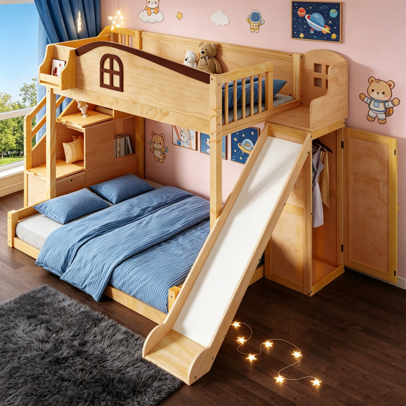 Lit superposé simple au-dessus de double avec escalier de rangement, tablette, glissoire et garde-robe pour un espace et un plaisir maximisés