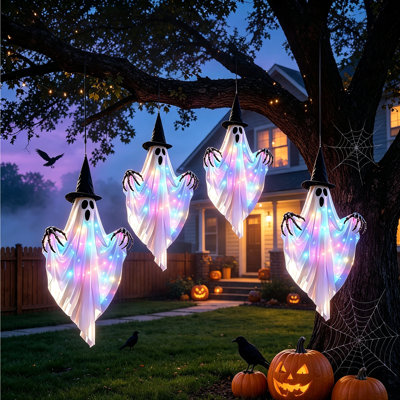 4Pack Halloween Hanging Ghost Decorations with Witch Hat, 4 Pcs Light‑Up Ghost Ornaments, Adjustable Skeleton Arms, Hanging Rope for Tree Porch Yard Indoor Outdoor Halloween Party Decor, Requires 2 AA Batteries Per Ghost(Batteries Not Included)
