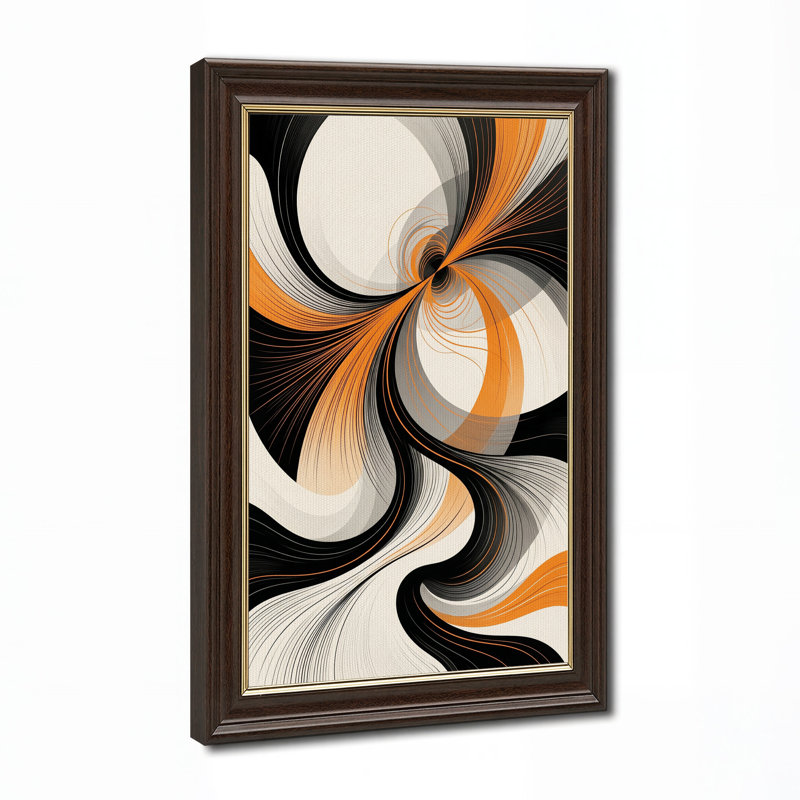 Tableau abstrait orange et noir à lignes tourbillonnantes sur toile, H 18 po x l 12 po