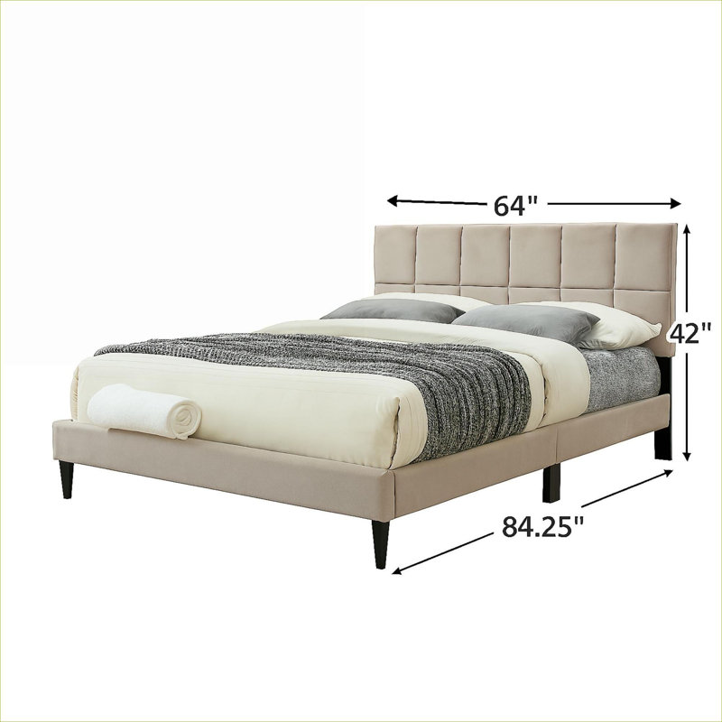 Upholstered cool gray queen size bed frame, designed for everyday bedroom use with square patterned headboard and USB charging