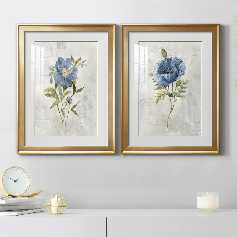 Blue Linen Peony - ensemble de 2 reproductions d'art, Blanc, H 22,5 po x l 61 po x P 1,5 po, Papier encadré doré