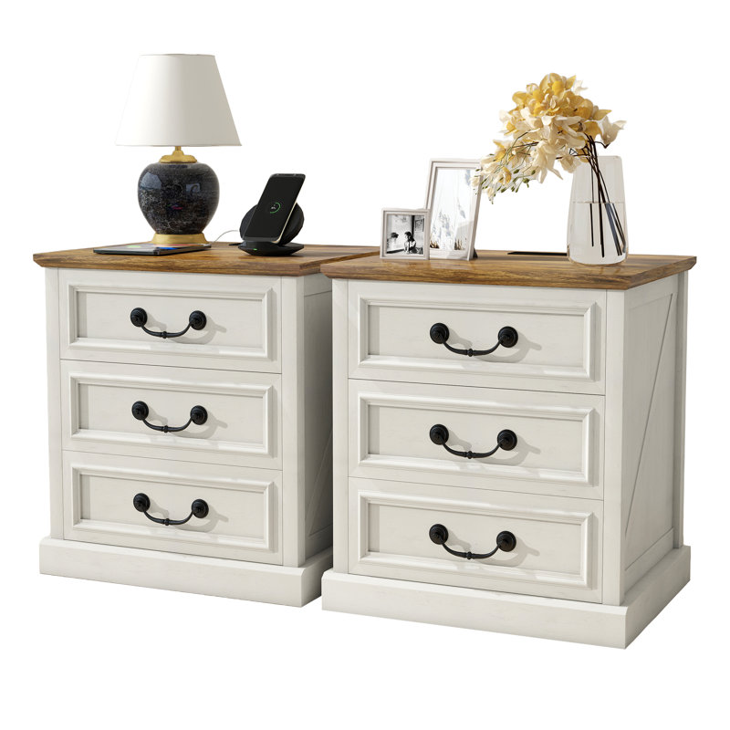 End Table With Charging Station, Farmhouse Nightstand With 3 Drawers & USB Ports, Solid Wood Entryway Table With Smiling Handle(Set of 2)