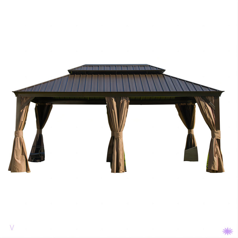 Outdoor Gazebo with Galvanized Steel Double Roof, Brown, 120.77" H x 213.89" W x 143.22" D