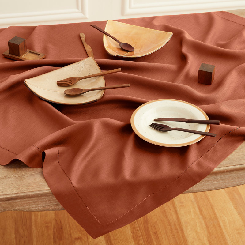 100% Pure Linen Hemstitch Table Cloth - Classic Hemstitch, Cinnamon, 132" x 60"