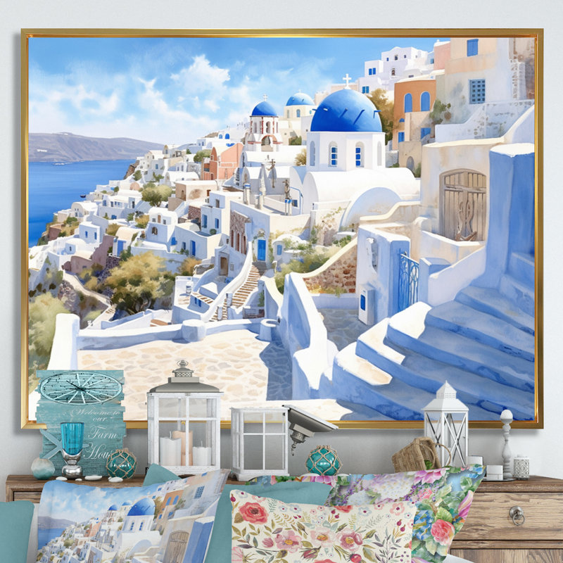 Grecque Santorini Odyssey II - Grèce, art mural, Cadre flottant doré, H 24 po x l 32 po x P 1 po