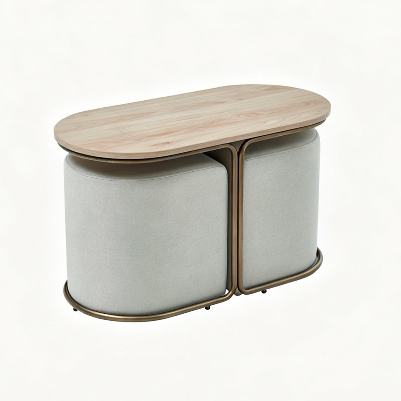 Mira 30.7" Modern Oval Wooden Coffee Table  with 2 Hidden Stools, Oak/Gold/Light Gray