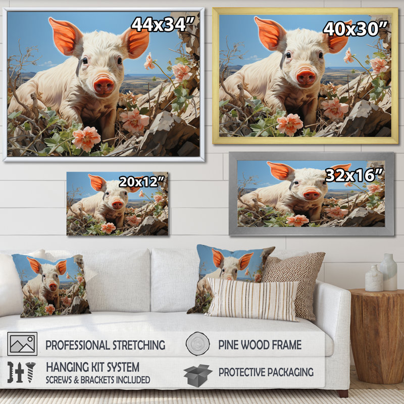 «Pink Curious Piglet Pastoral», reproduction d'art sur toile, 12" H x 20" W, Cadre flottant noir