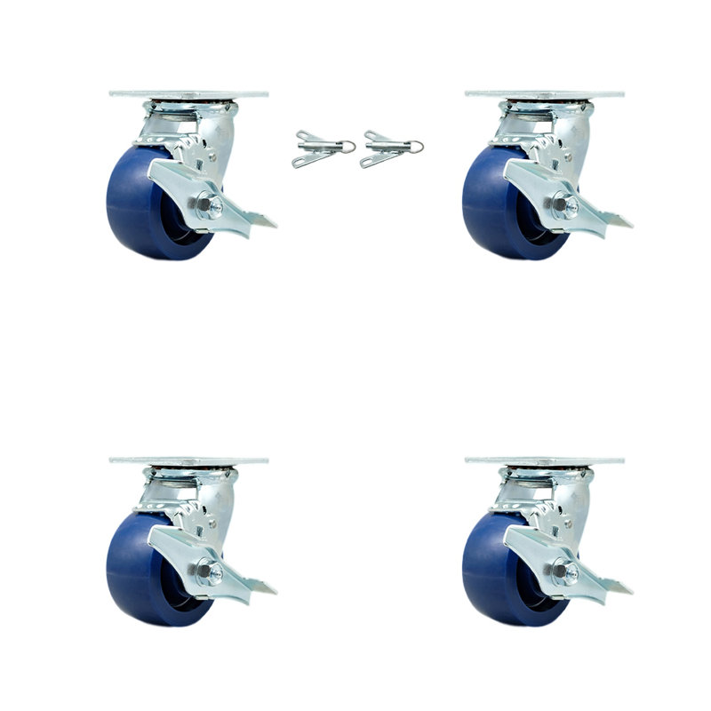 4 Piece Polyurethane Caster Set with Roller Bearings and Brake/Swivel Lock