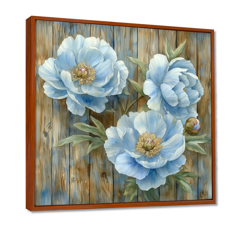 Grandes pivoines bleues par la porte de la ferme III - pivoines, art mural, Impression encadrée flottante, Brun