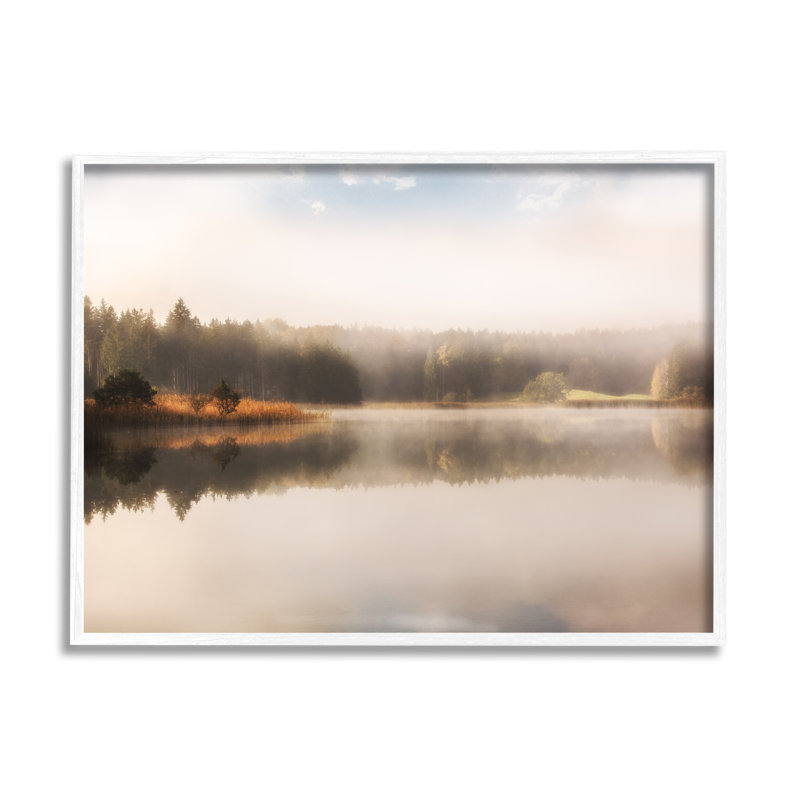 «Autumn Lake Misty Landscape Distant Pine Tree Forest» par Irene Weisz - photographie, H 24 po x l 30 po