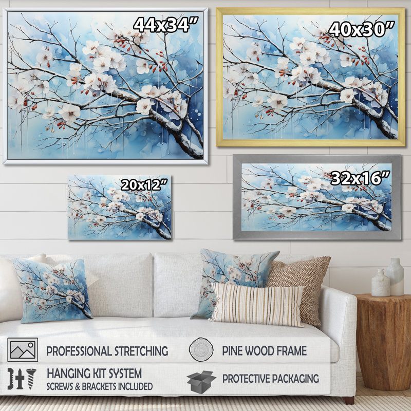 "Blue Blossom On Winter Scenery I", reproduction d'art sur toile, H 16 po x l 32 po x P 1 po, Toile tendue