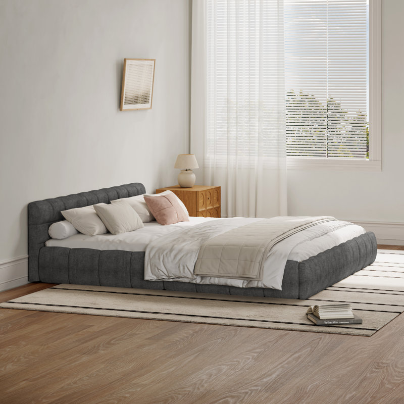 Chenille Upholstered Bed Frame With Headboard, Gray, California King