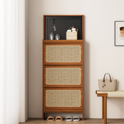 Meuble à chaussures d'entrée de 65 po de hauteur avec 3 tiroirs et tablette étroite en noyer noir élégant, P 7,74 po x H 65 po, maximise l'espace