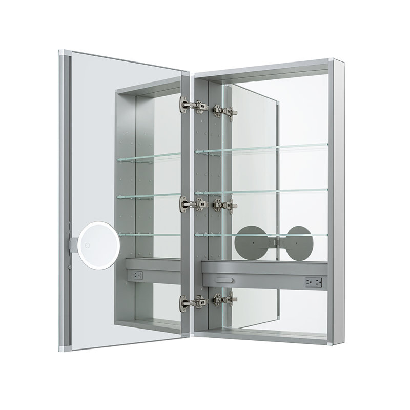 Armoire à pharmacie à charnière gauche avec prises électriques Royale l 24 po x H 30 po x P 5 po, désembueur, miroir grossissant 3X à DEL réglable.