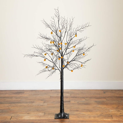 Arbre d'Halloween artificiel pré-éclairé noir avec 18 lumières DEL en forme de citrouille