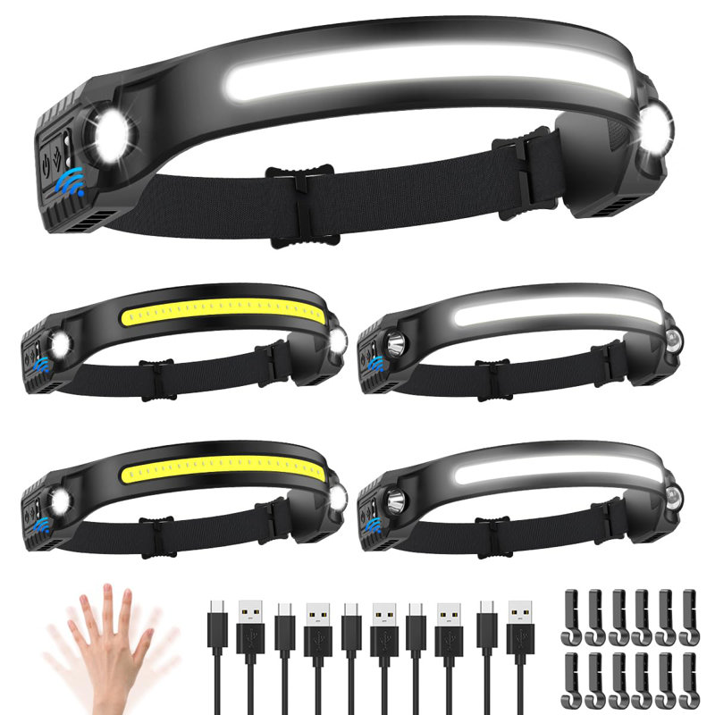 Headlamp Rechargeable 5Pack, 230° Wide Beam Head Lamp With 2 Spotlights, LED Headlamp With Motion Sensor, 5Mode Rechargeable Headlamp, Head Lights For Forehead, Headlamps For Adults Running Hard Hat