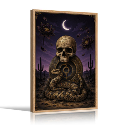 Impression sur toile, crâne doré et serpent enroulé dans la nuit du désert