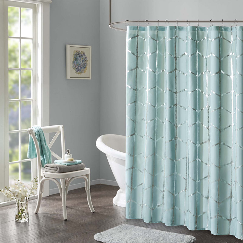 Printed Metallic Shower Curtain, Aqua/Silver