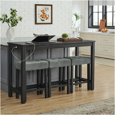 59 Inch Bar Table, Dining Table, Sofa Table With Power Outlet, 3 Upholstered Stools, 4 Piece Bar Table And Chair Set For Living Room, Dining Room, Kitchen