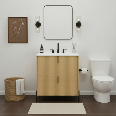 Meuble-lavabo moderne autoportant de 76 cm (30 po) avec lavabo en céramique, armoire à panneaux cannelés, tiroirs à extension complète à fermeture amortie pour le rangement de la salle de bain, couleur naturelle