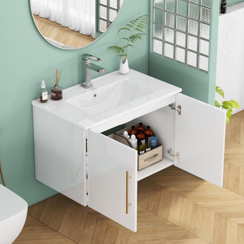 Meuble-lavabo mural 30 po avec lavabo, Blanc lustré