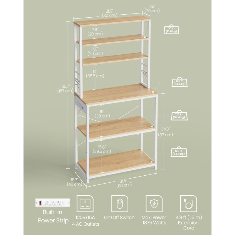 Étagère de boulanger de cuisine 31,5 "H avec prise de courant, Blanc / Doré
