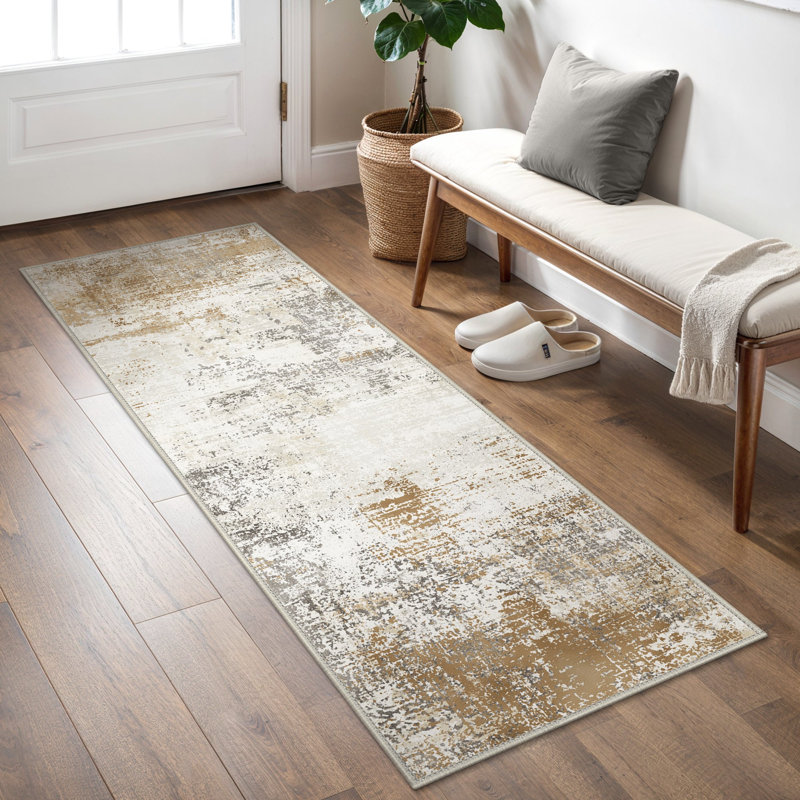 Abstract Machine Printed Area Rug, Runner 60 x 120 cm, Gold/Grey/Ivory