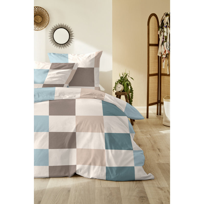 Ribaudo Cotton Chequered Duvet Cover Set with Pillow Shams, Silver/Brown