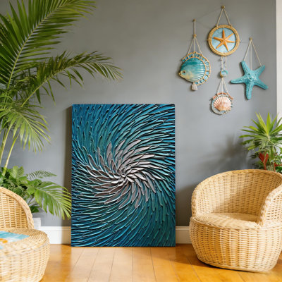 Abstrait 3D en métal bleu et argent avec cadre mural en bois, 30 L x 20 l