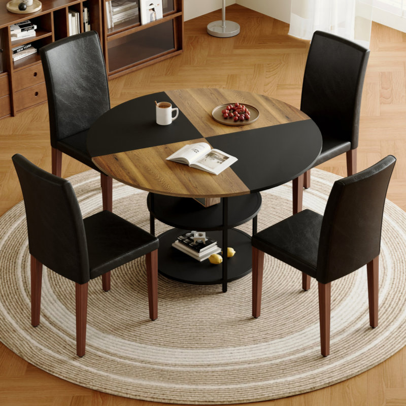 Table And Chair Set.A 47.3-Inch Diameter Modern Spliced Color Circular Dining Table - Double-Layer Storage.Paired With Technology Fabric Dining Chairs, Simple And Versatile, Comfortable.