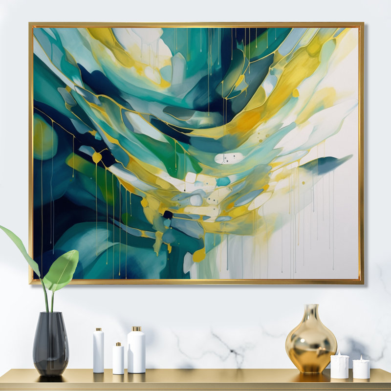 Impression sur toile jaune et turquoise, ordre complexe I - formes abstraites, H 34 po x l 44 po, Cadre flottant doré